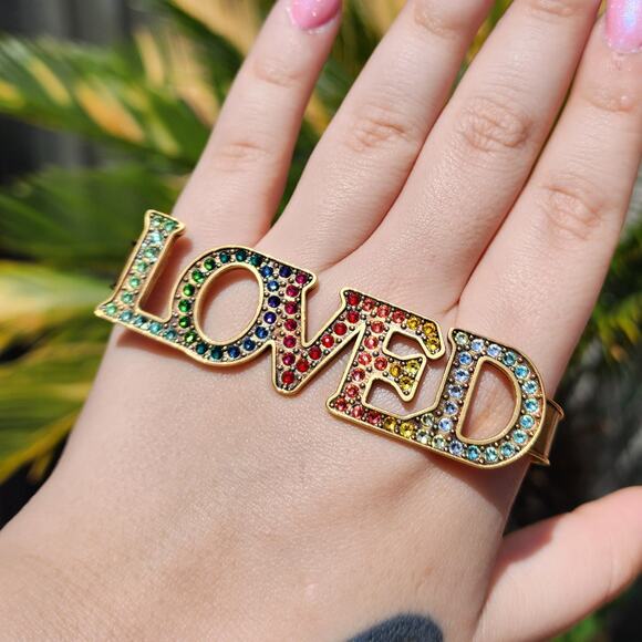 Gucci LOVED Palm Cuff Rainbow Rhinestone Gold Tone Swarovski Crystal Bracelet - Picture 3 of 16